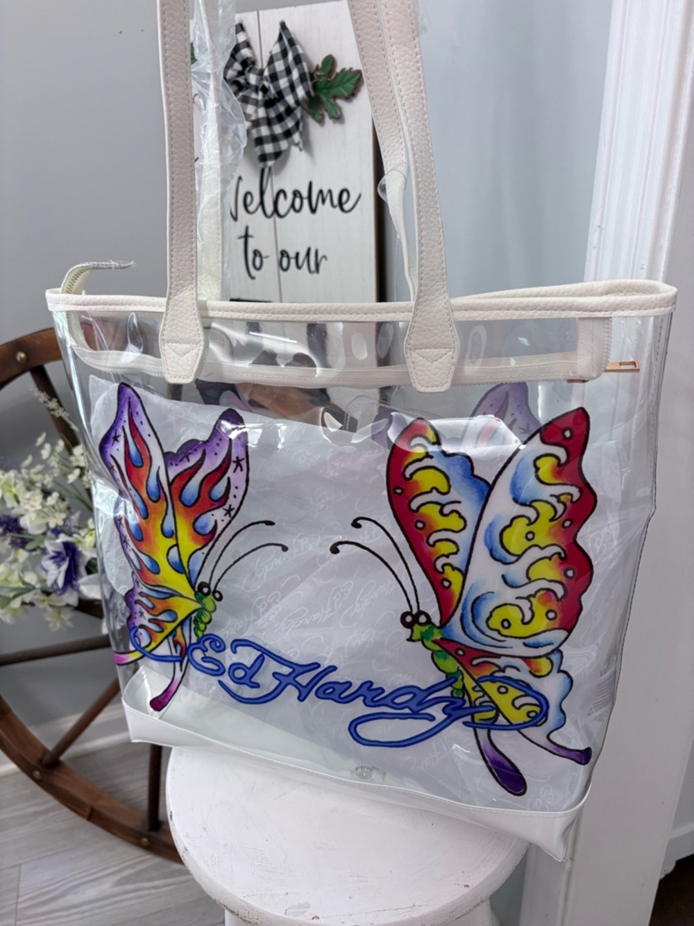 ED HARDY Clear Butterfly Tote Bag in Cream and Multicolor & wristlet NWT